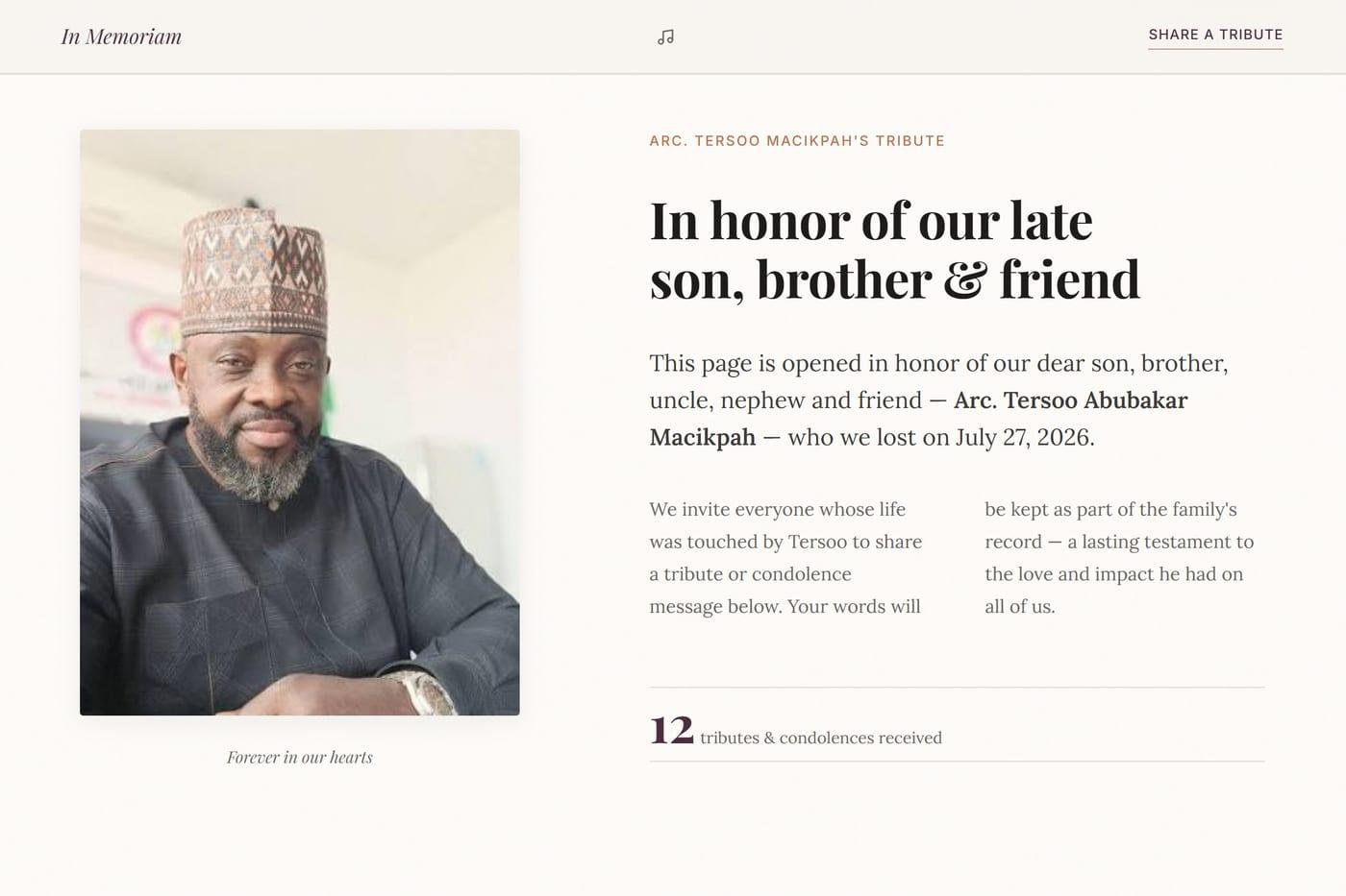 In Loving Memory online memorial and tribute web app built by Hasbiyallahu Jafaru, web application developer