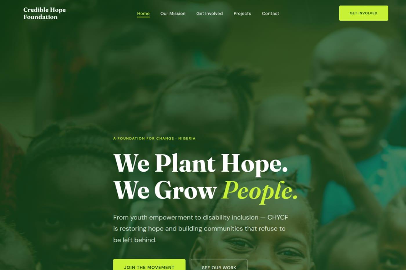 Credible Hope Foundation nonprofit website designed by Hasbiyallahu Jafaru, with warm, mission-driven web design