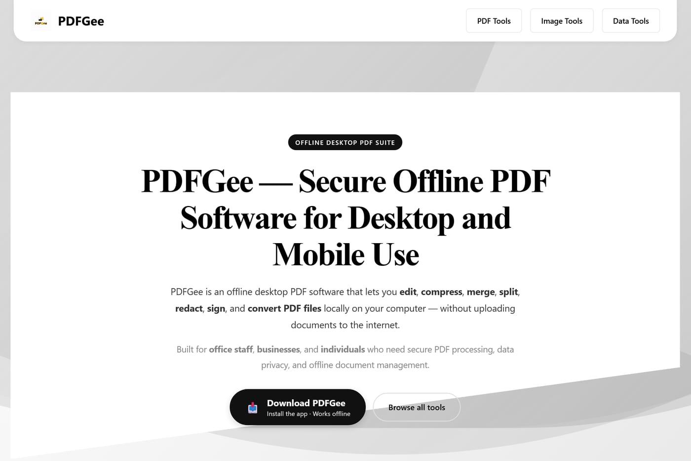 PDFGee offline PDF software and document tools web app built by Hasbiyallahu Jafaru, full-stack developer
