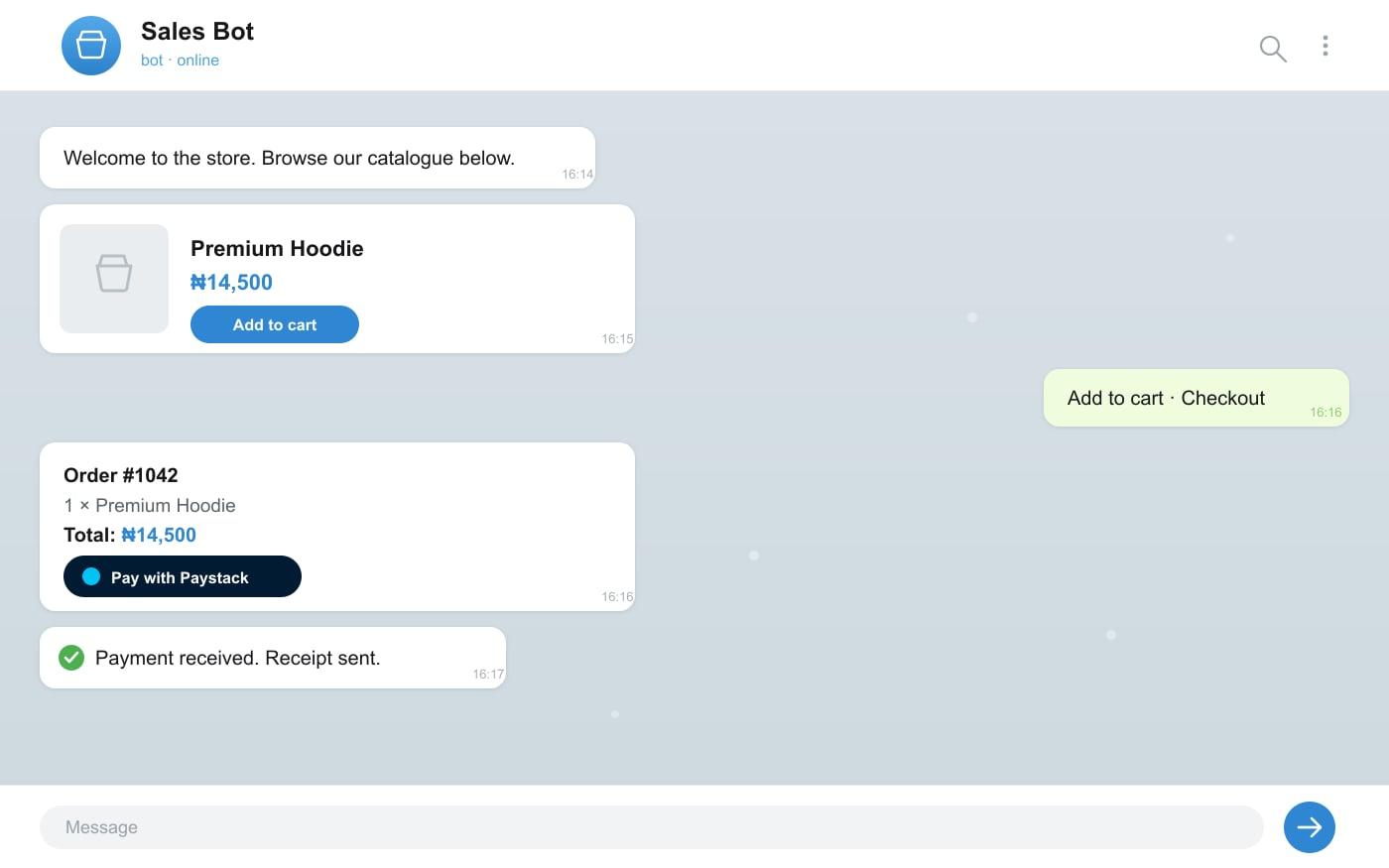 Telegram sales bot with Paystack payment integration built by Hasbiyallahu Jafaru, e-commerce automation