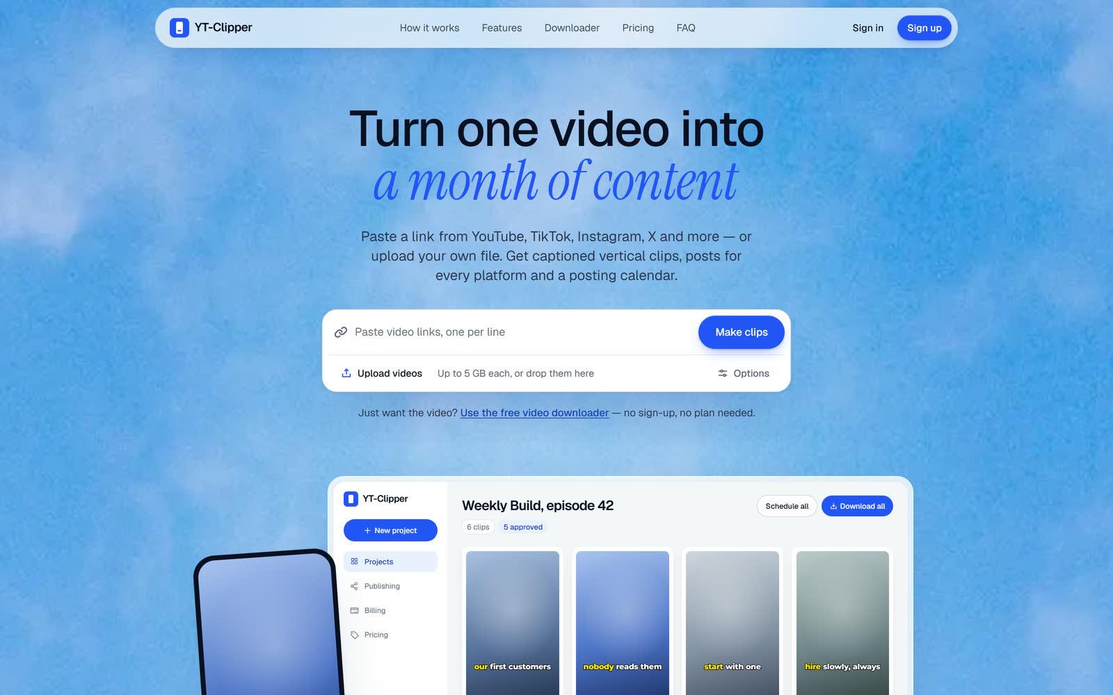 YT Clipper web app for turning long YouTube videos into short clips, built by Hasbiyallahu Jafaru
